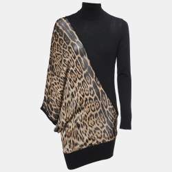 Roberto Cavalli Black Python Print Silk and Knit Turtleneck Asymmetrical Sweater Dress M