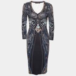 Pre Owned Roberto Cavalli Black Printed Jersey Sheath Dress M