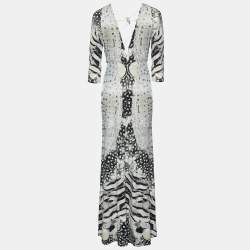 Pre Owned Roberto Cavalli Grey printed Jersey Lace Tie Detail Maxi Dress M