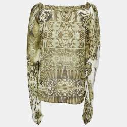 Pre Owned Roberto Cavalli Green Printed Silk Tie Detail Top M