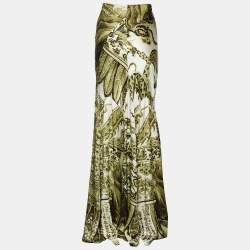 Pre Owned Roberto Cavalli Green Printed Satin Silk Flared Hem Maxi Skirt M
