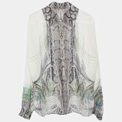 مملوكة مسبقًا Roberto Cavalli Cream Python Printed Silk Button Front Shirt M
