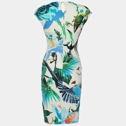 Pre Owned Roberto Cavalli Cream Birds printed Jersey Sheath Dress S