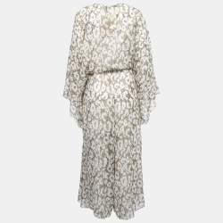 Pre Owned Roberto Cavalli  White Animal Printed Silk Tie Detail Wide-Leg Kaftan Jumpsuit XL 
