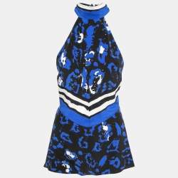 Pre Owned Roberto Cavalli Blue/Black Printed Silk Halter Neck Open Back Tunic S