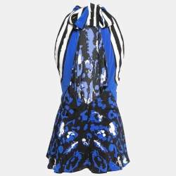 Pre Owned Roberto Cavalli Blue/Black Printed Silk Halter Neck Open Back Tunic S