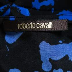 Pre Owned Roberto Cavalli Blue/Black Printed Silk Halter Neck Open Back Tunic S