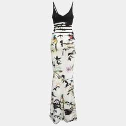 Pre Owned Roberto Cavalli White/Black Birds Printed Jersey Sleeveless Long Dress S