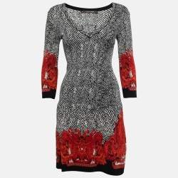 Pre Owned Roberto Cavalli Black/White Jacquard Knit V-Neck Midi Dress S