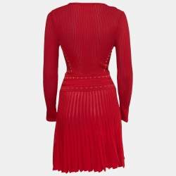 مملوكة مسبقًا Roberto Cavalli Red Patterned Knit Long Sleeve Flared Short Dress S