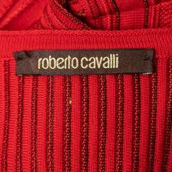 مملوكة مسبقًا Roberto Cavalli Red Patterned Knit Long Sleeve Flared Short Dress S