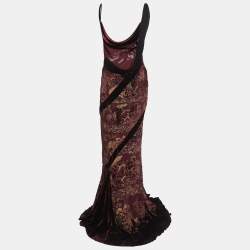 Pre Owned Roberto Cavalli Burgndy Embroidered Silk Velvet Draped Strap Gown M