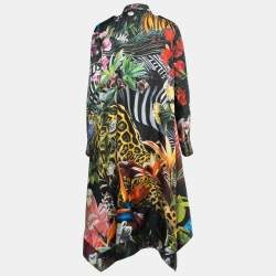Pre Owned Roberto Cavalli Multicolor Printed Silk Asymmetric Hem Shirt Dress M