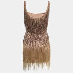 Pre Owned Roberto Cavalli Ombre Gold Beads Embellished Silk Sleeveless Mini Dress S