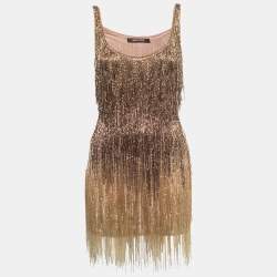 Pre Owned Roberto Cavalli Ombre Gold Beads Embellished Silk Sleeveless Mini Dress S