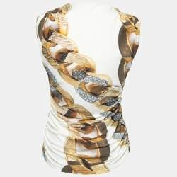 Pre Owned Roberto Cavalli Cream Printed Jersey V-Neck Ruched Sleeveless Top L