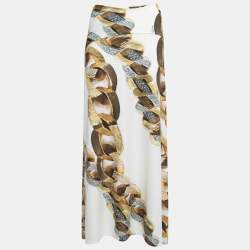 Pre Owned Roberto Cavalli Cream Printed Jersey Flared Maxi Skirt M