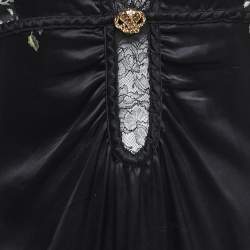 Pre Owned Roberto Cavalli Black Floral Print Silk Satin Lace Trimmed Sleeveless Midi Dress L