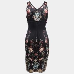 Pre Owned Roberto Cavalli Black Floral Print Silk Satin Lace Trimmed Sleeveless Midi Dress L