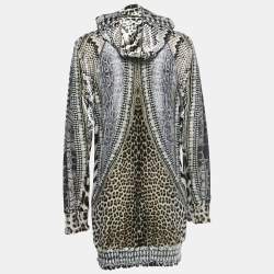 Pre Owned Roberto Cavalli Black/White Printed Velvet Zip Front Hooded Jacket M