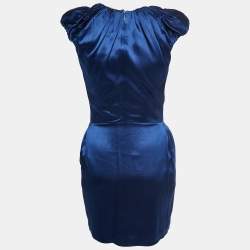 Pre Owned Roberto Cavalli Blue Satin Silk V Neck Pleated Short Dress S