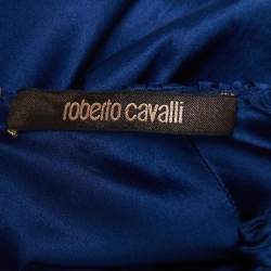 Pre Owned Roberto Cavalli Blue Satin Silk V Neck Pleated Short Dress S