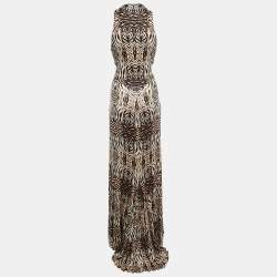 Pre Owned Roberto Cavalli Brown/Beige Animal Print Jersey Maxi Dress M