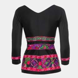 Pre Owned Roberto Cavalli Black Floral Printed Jersey V-Neck Top S