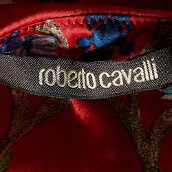 Pre Owned Roberto Cavalli Red Printed Silk Satin Ruched Sleeveless Top S