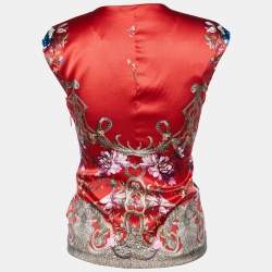 Pre Owned Roberto Cavalli Red Printed Silk Satin Ruched Sleeveless Top S