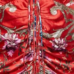 Pre Owned Roberto Cavalli Red Printed Silk Satin Ruched Sleeveless Top S