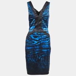 Pre Owned Roberto Cavalli Blue Animal Printed Stretch Satin Sleeveless Mini Dress M