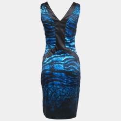Pre Owned Roberto Cavalli Blue Animal Printed Stretch Satin Sleeveless Mini Dress M