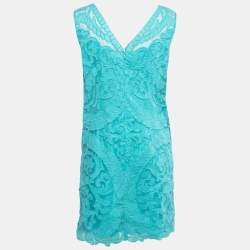 Pre Owned Cavalli Class Blue Embroidered Silk Sleeveless Shift Dress L