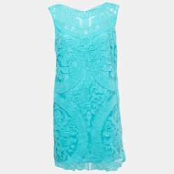 Pre Owned Cavalli Class Blue Embroidered Silk Sleeveless Shift Dress L