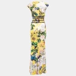 Pre Owned Roberto Cavalli Yellow Floral Printed Jersey Maxi Dress M
