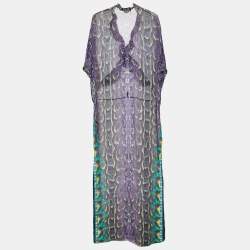 Pre Owned Roberto Cavalli Multicolor Printed Silk Ruffle Detail Maxi Dress S