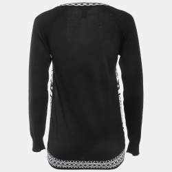 Class by Roberto Cavalli Black Wool & Printed Silk V-Neck Sweater S 