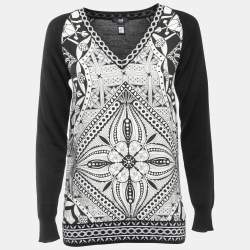 Class by Roberto Cavalli Black Wool & Printed Silk V-Neck Sweater S 