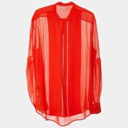 Pre Owned Roberto Cavalli Coral Red Silk Pintuck Detail Button Front Shirt L
