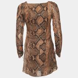 Pre Owned Roberto Cavalli Brown Snake Print Silk Long Sleeve Flared Mini Dress M