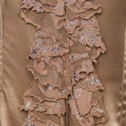 Pre Owned Roberto Cavalli Brown Satin & Lace Trim Shirt M
