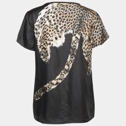 Pre Owned Roberto Cavalli Black Leopard Print Silk Short Sleeve Blouse M