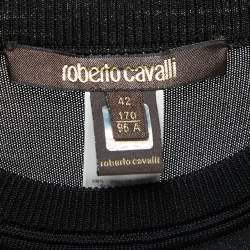 Pre Owned Roberto Cavalli Black Parrot Print Silk & Jersey Short Sleeve Top M