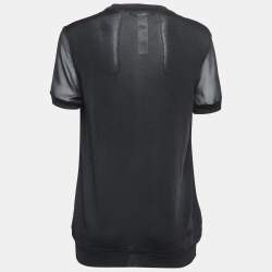 Pre Owned Roberto Cavalli Black Parrot Print Silk & Jersey Short Sleeve Top M