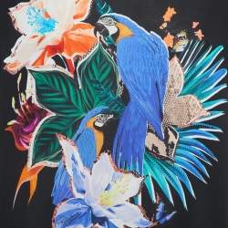 Pre Owned Roberto Cavalli Black Parrot Print Silk & Jersey Short Sleeve Top M