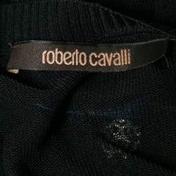 Pre Owned Roberto Cavalli Black/Blue Print Silk & Knit Sleeveless Belted Top S