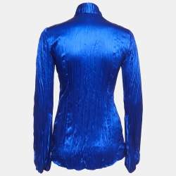 Pre Owned Roberto Cavalli Blue Satin Silk Pleated Tie-Neck Shirt S