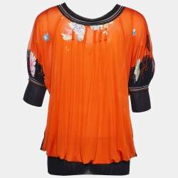 Pre Owned Roberto Cavalli Orange Printed Jersey & Knit Detail Mini Dress M