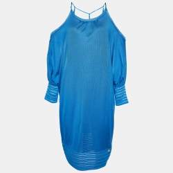 Roberto Cavalli Blue Silk Knit Off Shoulder Mini Dress M